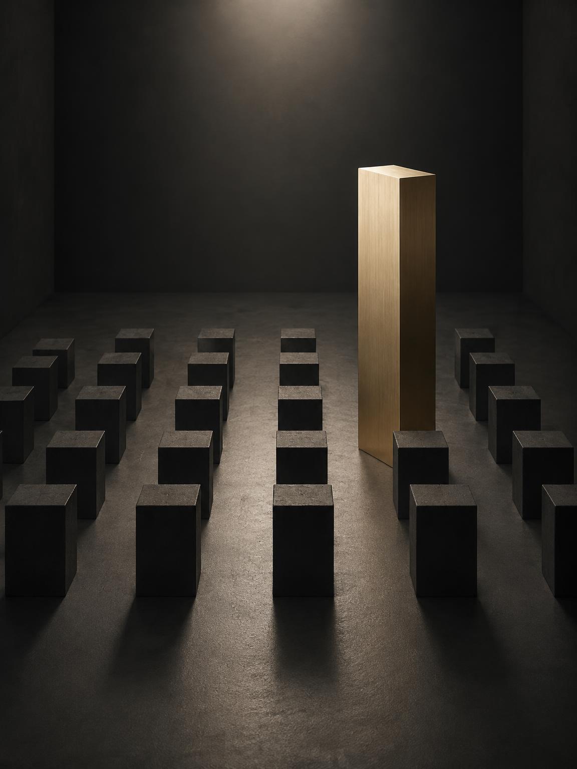 Fine art study: one brushed gold column standing apart from a grid of matte black blocks under a single gallery light